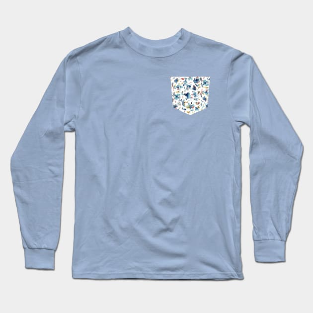 Pocket - Watery Hibiscus Blue Gold Long Sleeve T-Shirt by ninoladesign